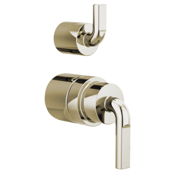 Brizo Litze pressure balance valve trim with notch lever handles in polished nickel finish, shown as separate wall-mounted co
