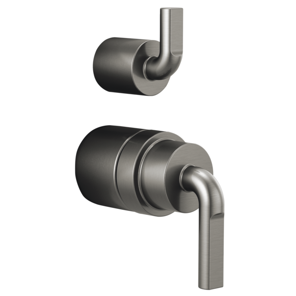 Brizo Litze pressure balance valve trim with integrated diverter and notch lever handles in brushed nickel finish.