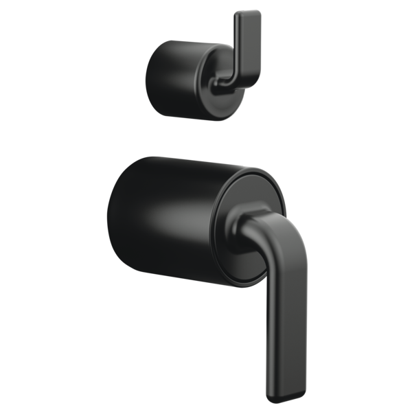 Black matte pressure balance valve with integrated diverter and twist lever handles, shown in two component views.