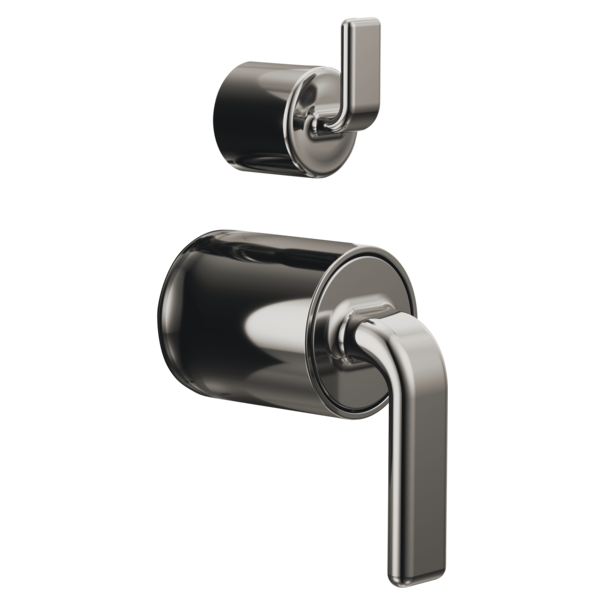 Brizo Allaria pressure balance valve trim with twist lever handles in brushed nickel and black finishes.