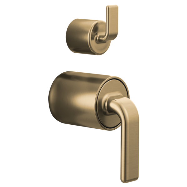 Brushed brass pressure balance valve trim with cylindrical body and lever handle in two mounting configurations.