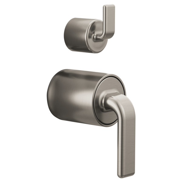 Brushed nickel pressure balance valve trim with cylindrical body and lever handles in twisted design.