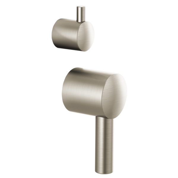 Two cylindrical stainless steel lever handles with vertical stems in brushed nickel finish.