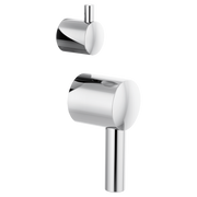 Chrome and white cylindrical shower valve trim with integrated lever handles and vertical metal rod.