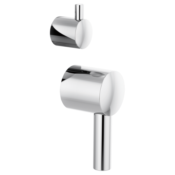 Chrome and white cylindrical shower valve trim with integrated lever handles and vertical metal rod.