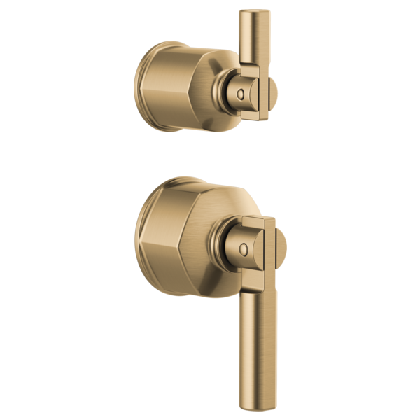 Champagne bronze pressure balance valve trim with cylindrical body and lever handles in two orientations.