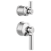 Polished chrome pressure balance valve with lever handle and integrated diverter, shown in two mounting configurations.