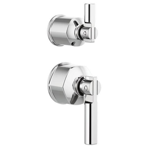 Polished chrome pressure balance valve with lever handle and integrated diverter, shown in two mounting configurations.