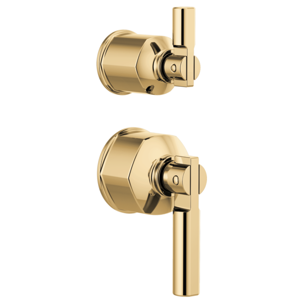 Two brass pressure balance valve trim kits with lever handles, one with short handle and one with extended lever arm.
