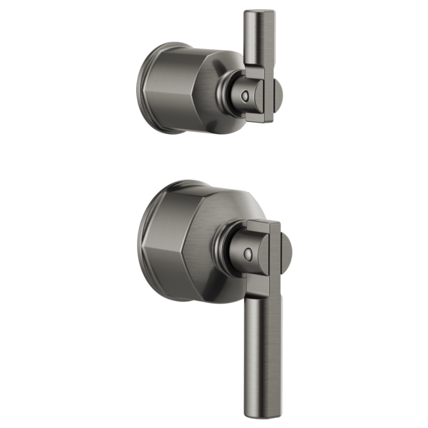 Brushed nickel pressure balance valve trim with two lever handles and diverter control for shower system.