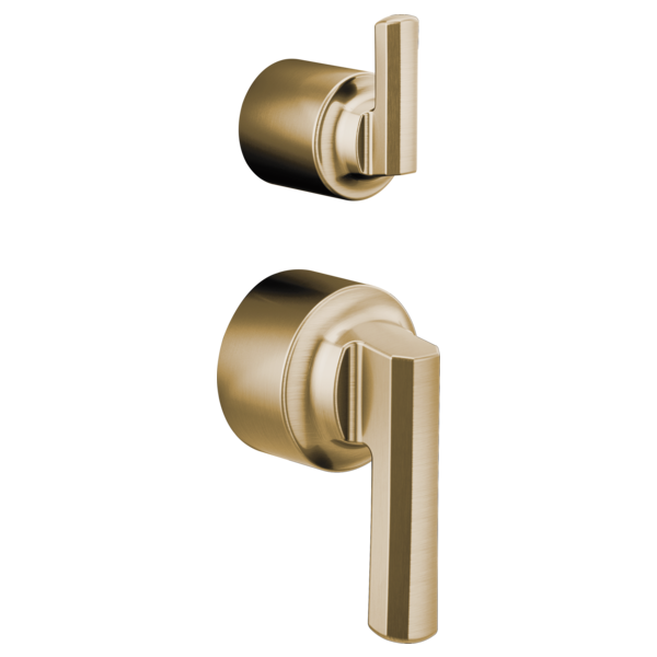 Brushed brass pressure balance valve with rectangular lever handle shown in two mounting orientations.