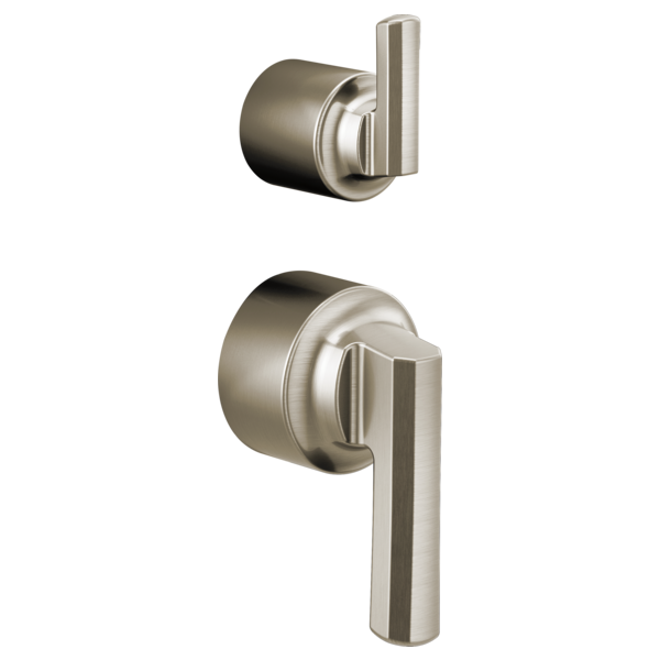 Brushed nickel pressure balance valve with lever handle in two orientations, showing cylindrical body and rectangular handle 