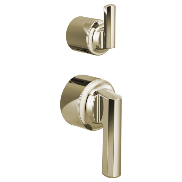 Polished nickel pressure balance valve trim with lever handle and integrated diverter in two orientations.