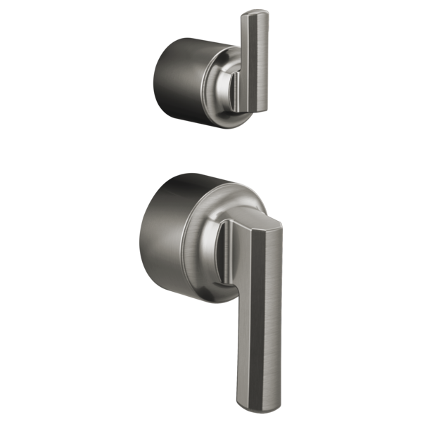 Brizo Levoir pressure balance valve trim with lever handles in brushed nickel finish, shown in two angles.
