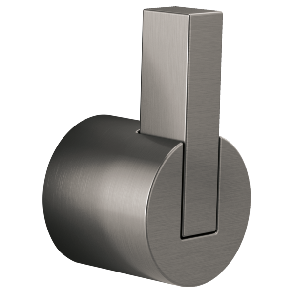 Brushed nickel diverter trim with rectangular lever handle and circular mounting base.
