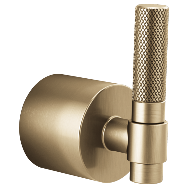 Champagne bronze diverter trim with cylindrical knurled T-lever handle and round wall mount escutcheon.