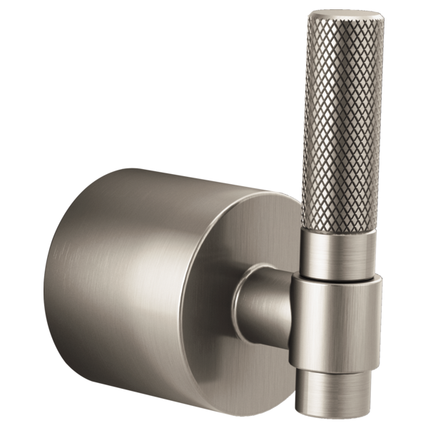 Brushed nickel diverter trim with cylindrical T-lever handle featuring diamond pattern grip.