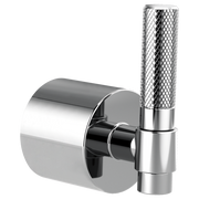 Chrome diverter trim with T-lever handle and textured cylindrical knob for 3 and 6 setting control.