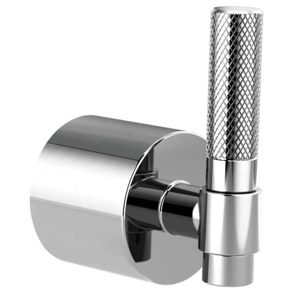 Chrome diverter trim with T-lever handle and textured cylindrical knob for 3 and 6 setting control.