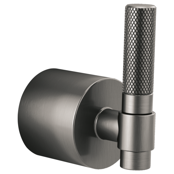 Brushed nickel diverter trim with cylindrical T-lever handle featuring a cross-hatch textured grip and mounting plate.