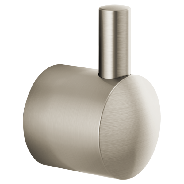 Brushed nickel cylindrical diverter trim lever with rounded handle and vertical post.