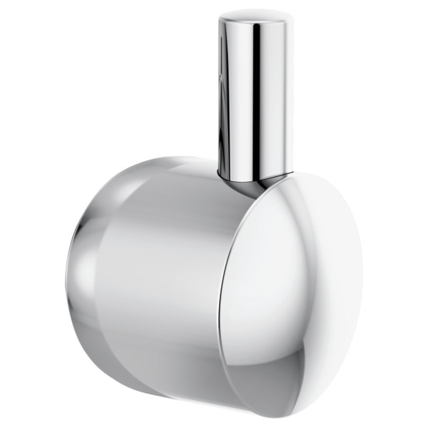 Polished chrome cylindrical diverter trim lever with rounded handle and vertical spout connector.