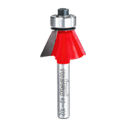 Freud chamfer bit with red cutting head, metal shank, and bearing guide on silver cylindrical shaft.