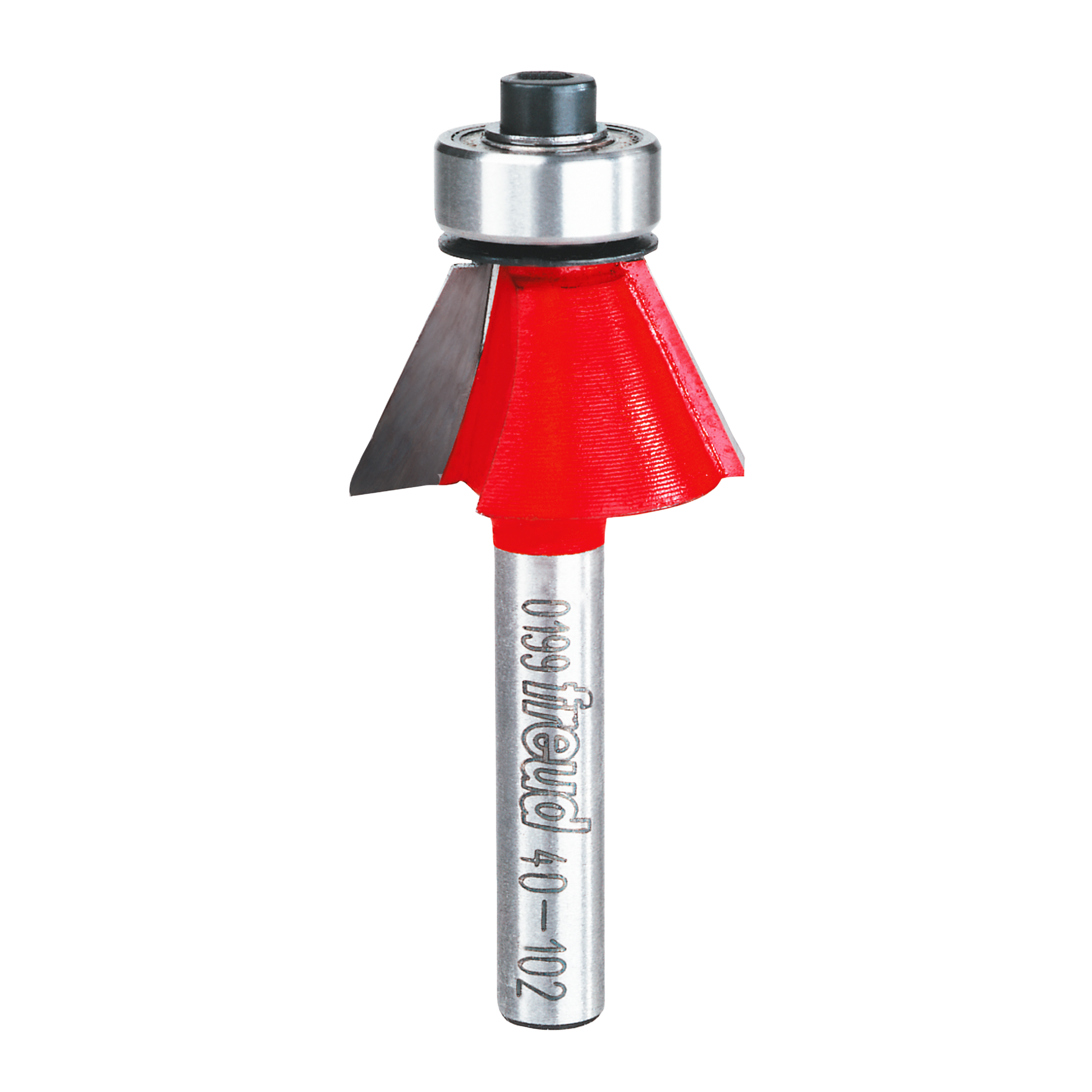 Freud chamfer bit with red cutting head, metal shank, and bearing guide on silver cylindrical shaft.