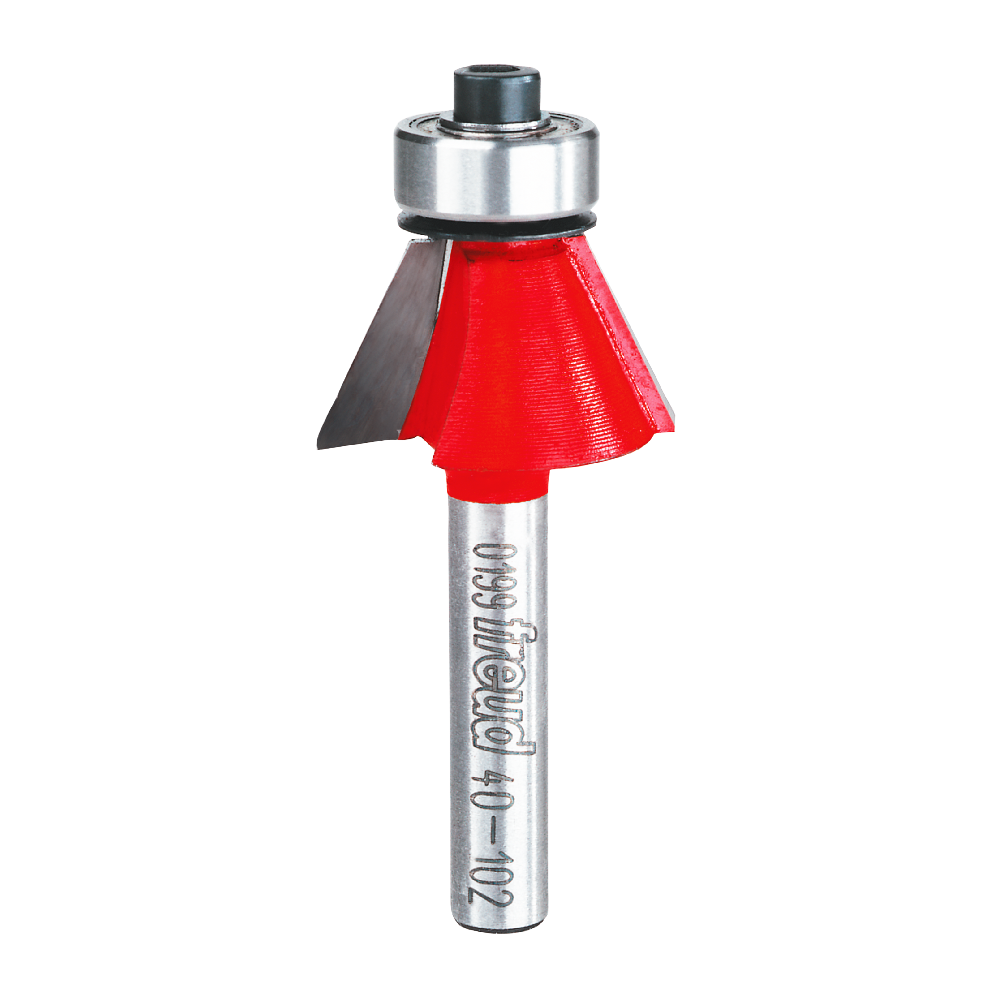 Freud chamfer bit with red cutting head, metal shank, and bearing guide on silver cylindrical shaft.