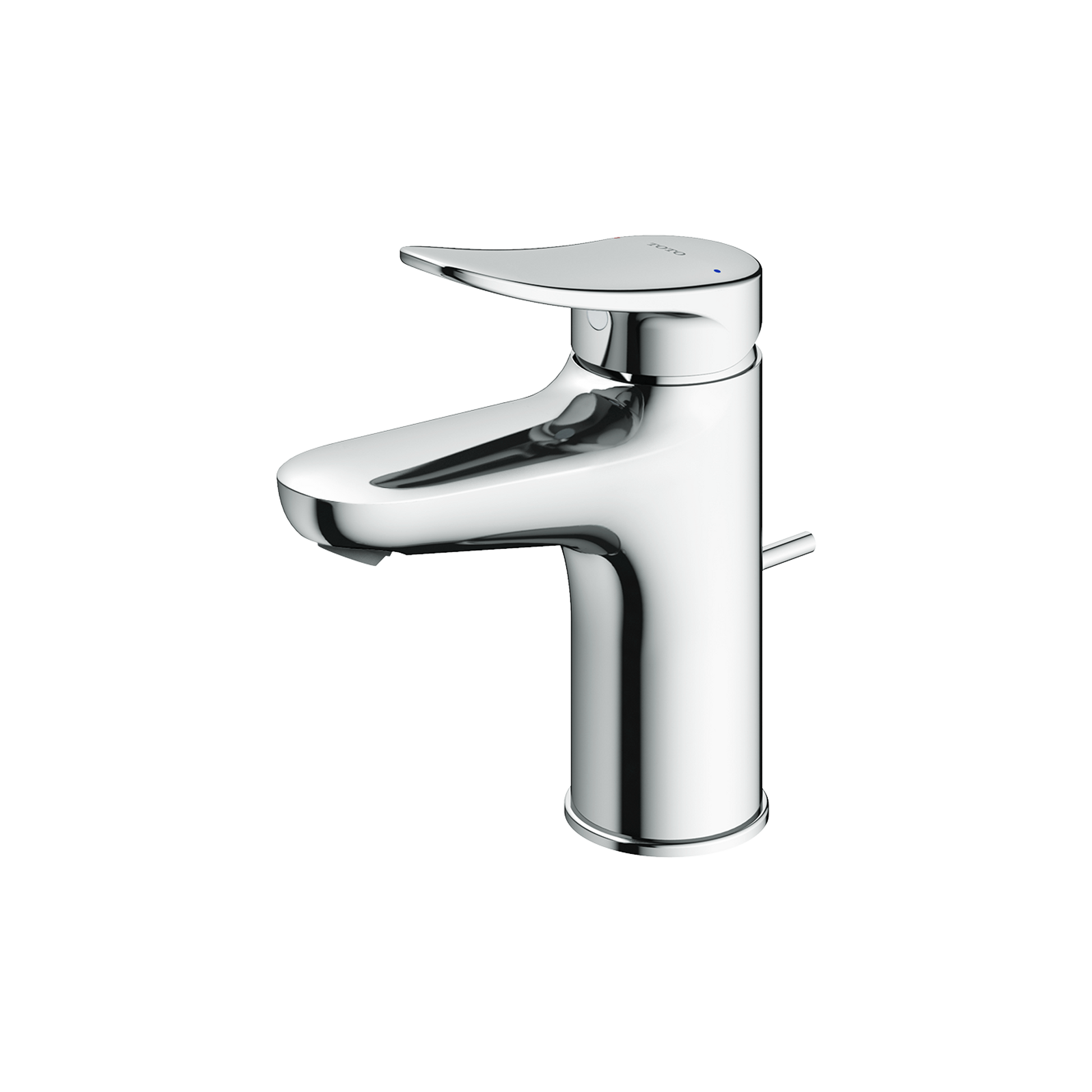 Polished chrome single-handle bathroom sink faucet with curved spout and flat lever handle.