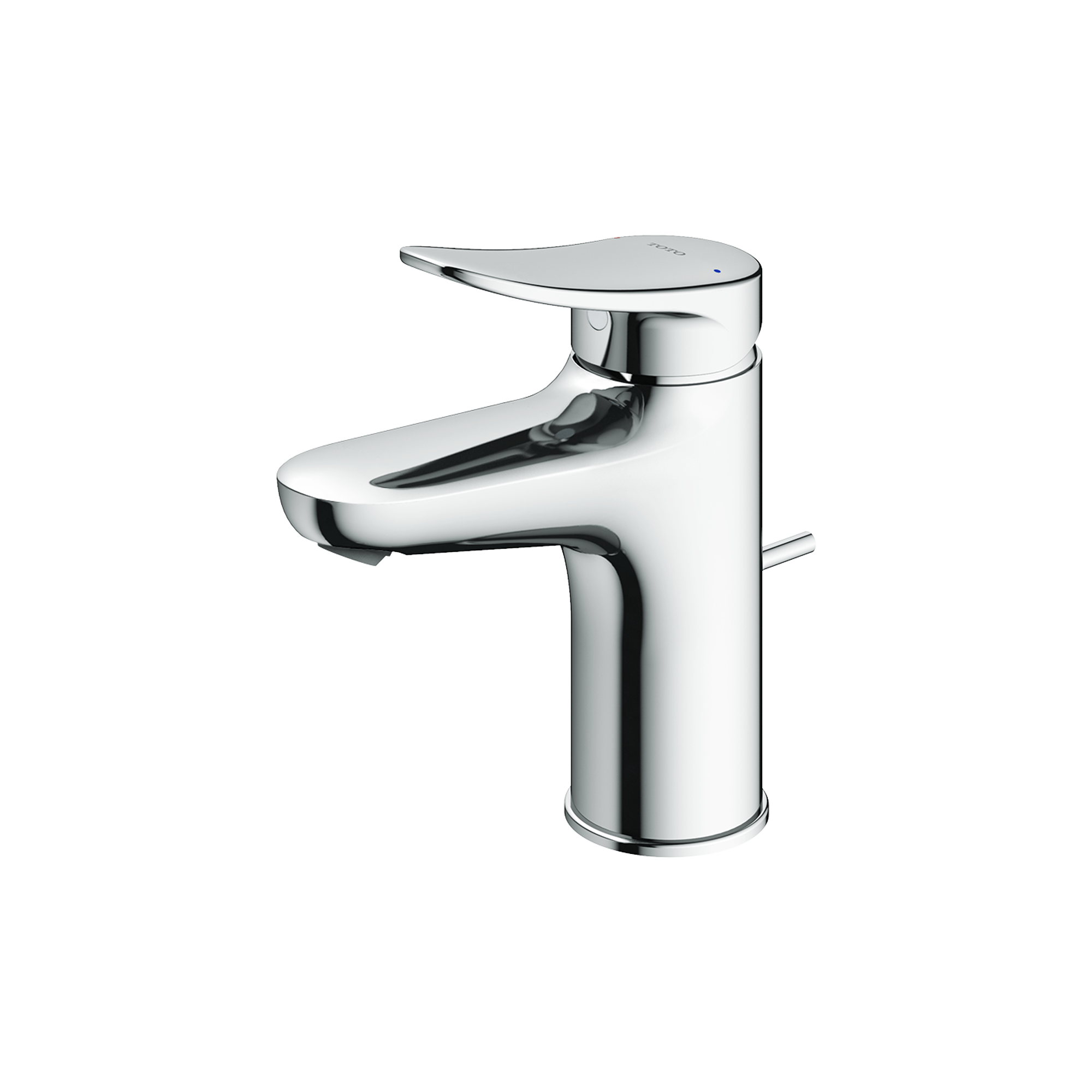 Polished chrome single-handle bathroom sink faucet with curved spout and flat lever handle.