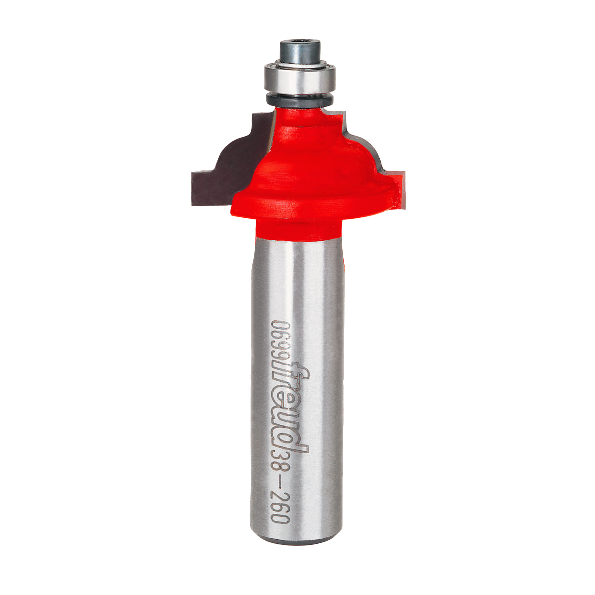 Router bit with red cove-shaped cutting head and silver steel shank, model number 38-260 engraved on shaft.