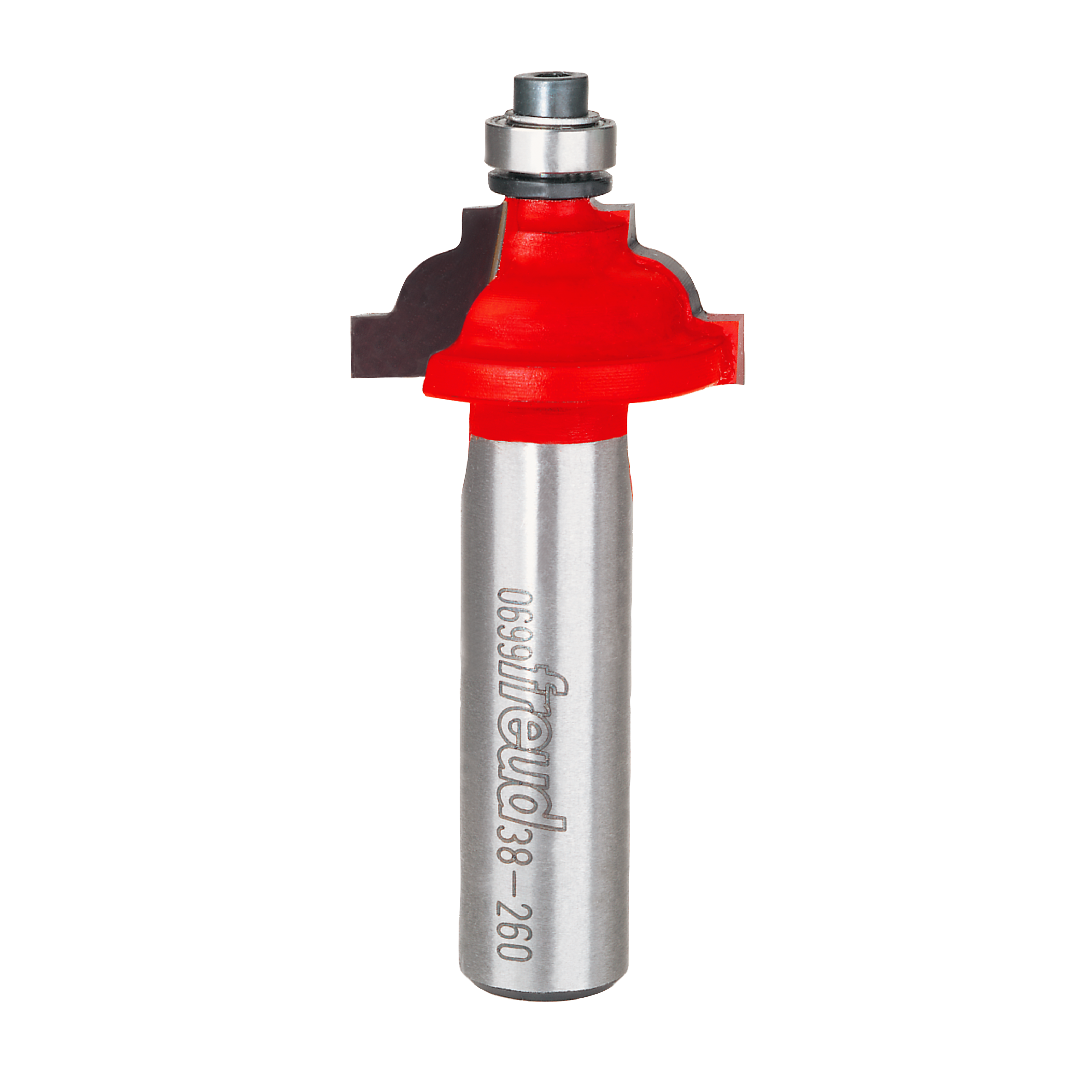 Router bit with red cove-shaped cutting head and silver steel shank, model number 38-260 engraved on shaft.
