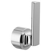 Polished chrome lever handle kit with cylindrical base and rectangular vertical lever for pull-down faucet.