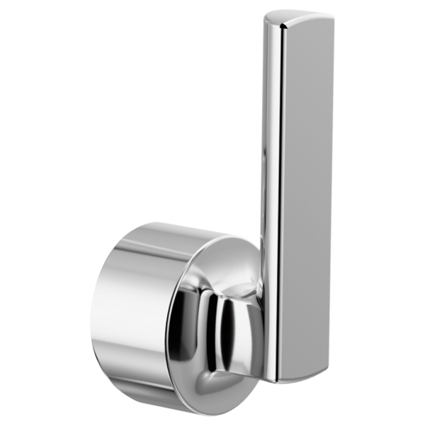 Polished chrome lever handle kit with cylindrical base and rectangular vertical lever for pull-down faucet.