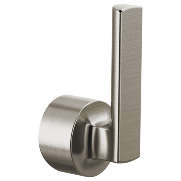 Brushed stainless steel pull-down faucet lever handle with cylindrical body and vertical rectangular lever arm.