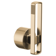 Luxe gold faucet handle kit with cylindrical knob and rectangular lever pull-down component.