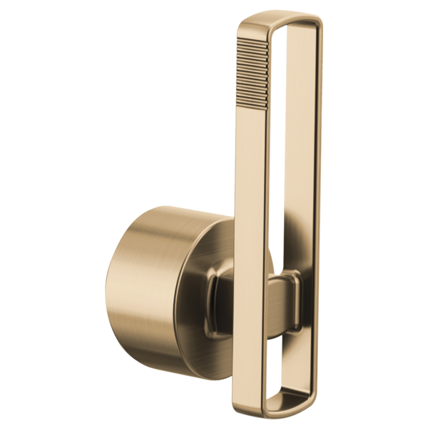 Luxe gold faucet handle kit with cylindrical knob and rectangular lever pull-down component.