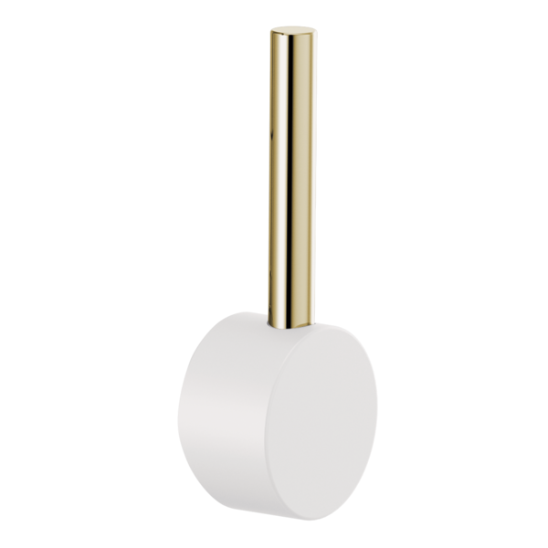 Brass cylindrical spout with white rounded handle base for pull-down kitchen faucet.