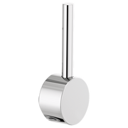 Polished chrome cylindrical lever handle with vertical stem for pull-down faucet.