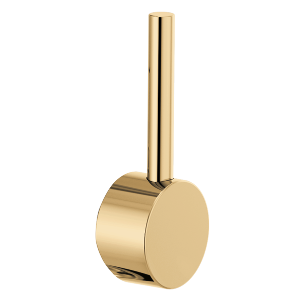 Brass-colored cylindrical metal lever handle with vertical stem for pull-down faucet.