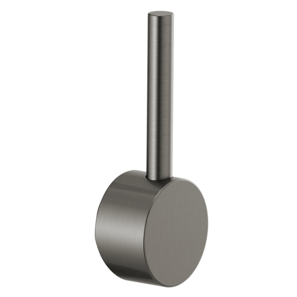 Brushed stainless steel faucet lever handle with cylindrical body and vertical rod attachment.