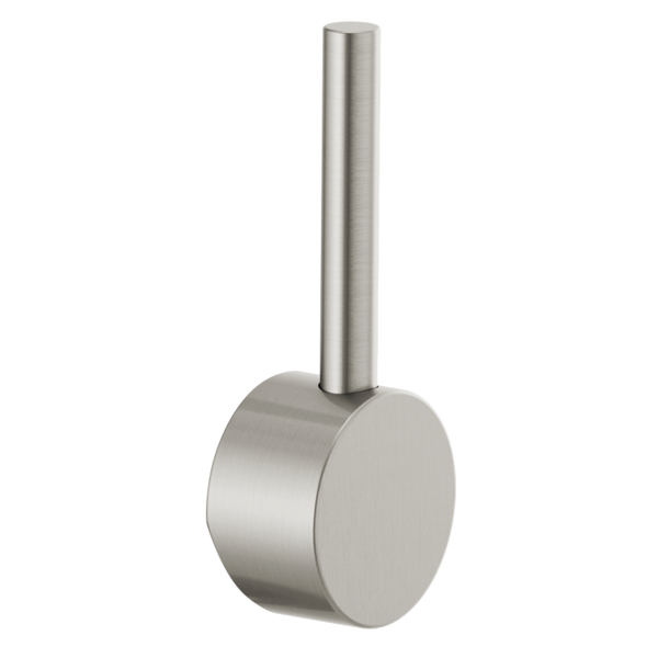 Brushed stainless steel cylindrical metal lever handle with round base and vertical stem for pull-down faucet.