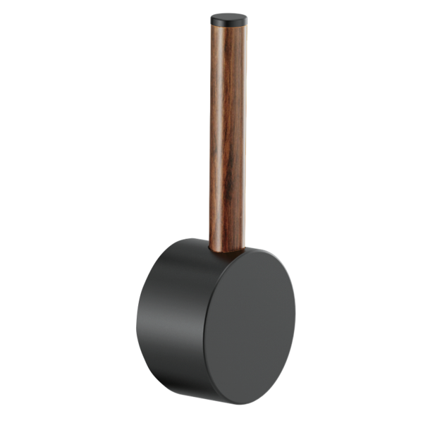 Black cylindrical handle with wood grain lever stem and metal cap on top.