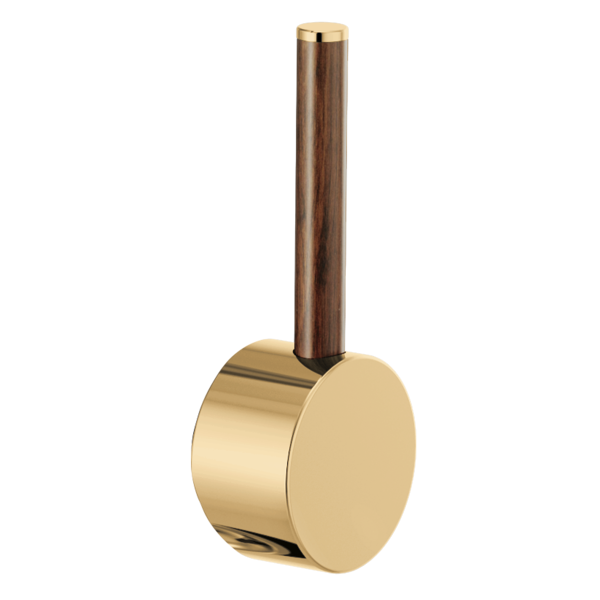 Brass circular handle with dark wood lever extending upward, mounted on white background.