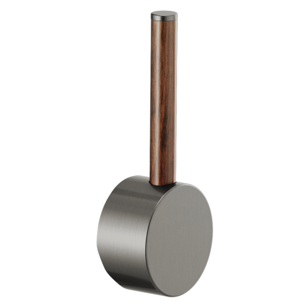 Brizo Odin faucet handle kit with brushed steel circular base and tall wood lever in dark walnut finish.