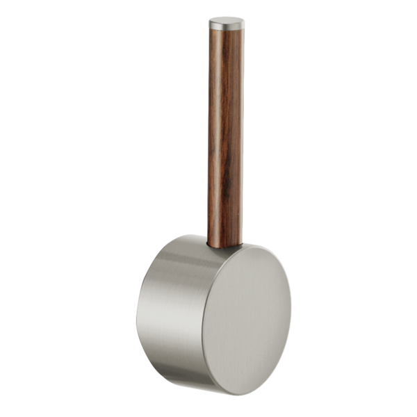 Brushed nickel cylindrical faucet handle with tall wood lever in walnut finish and metallic cap.