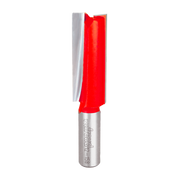 Red and silver router bit with two flutes and straight cutting edges on cylindrical shank.