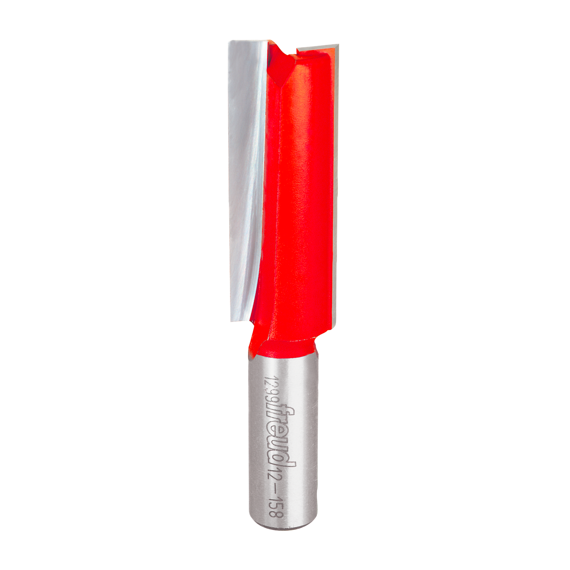 Red and silver router bit with two flutes and straight cutting edges on cylindrical shank.