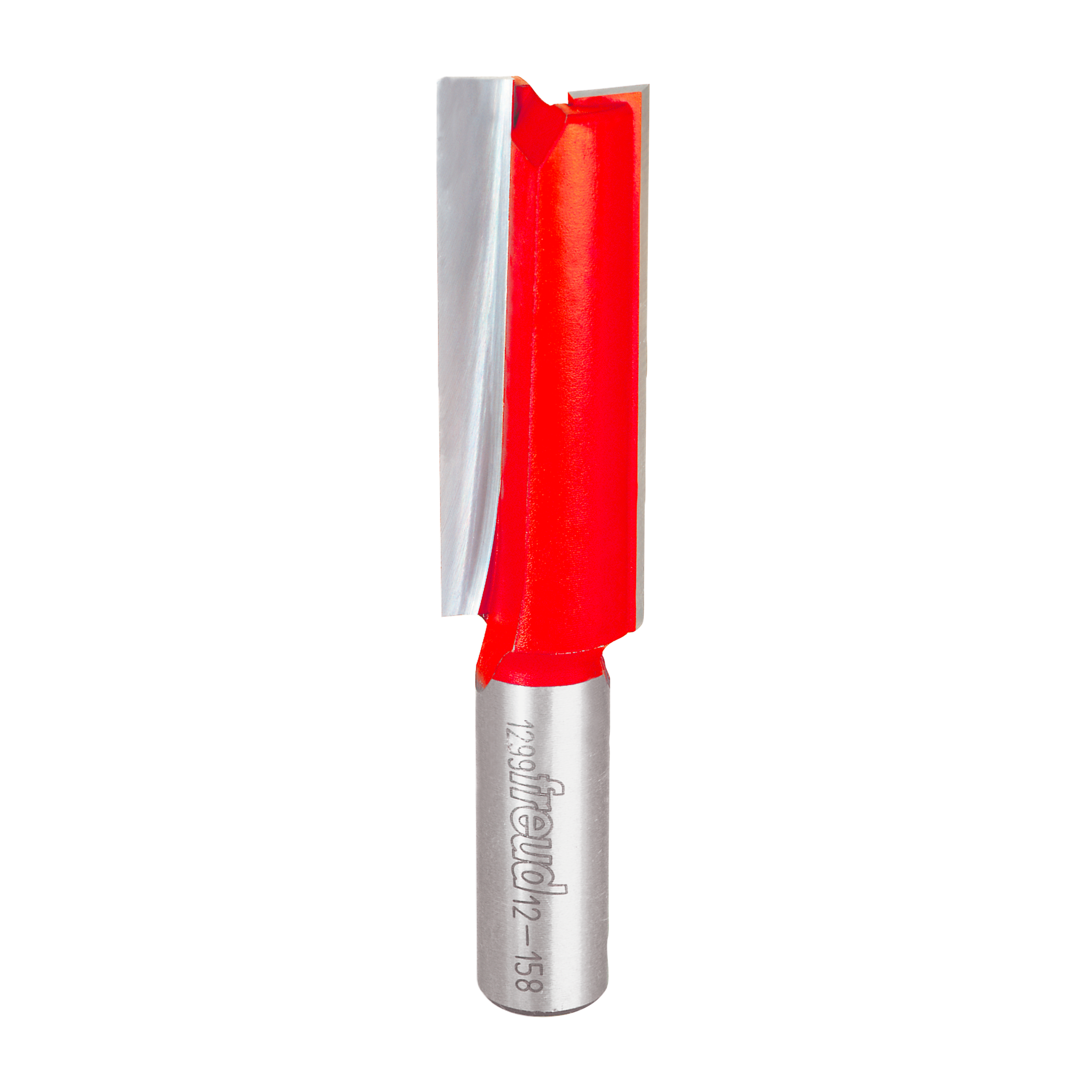 Red and silver router bit with two flutes and straight cutting edges on cylindrical shank.